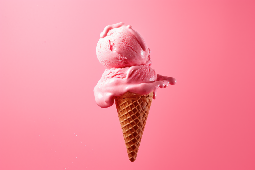 Strawberry Ice Cream Cone on Pink Background